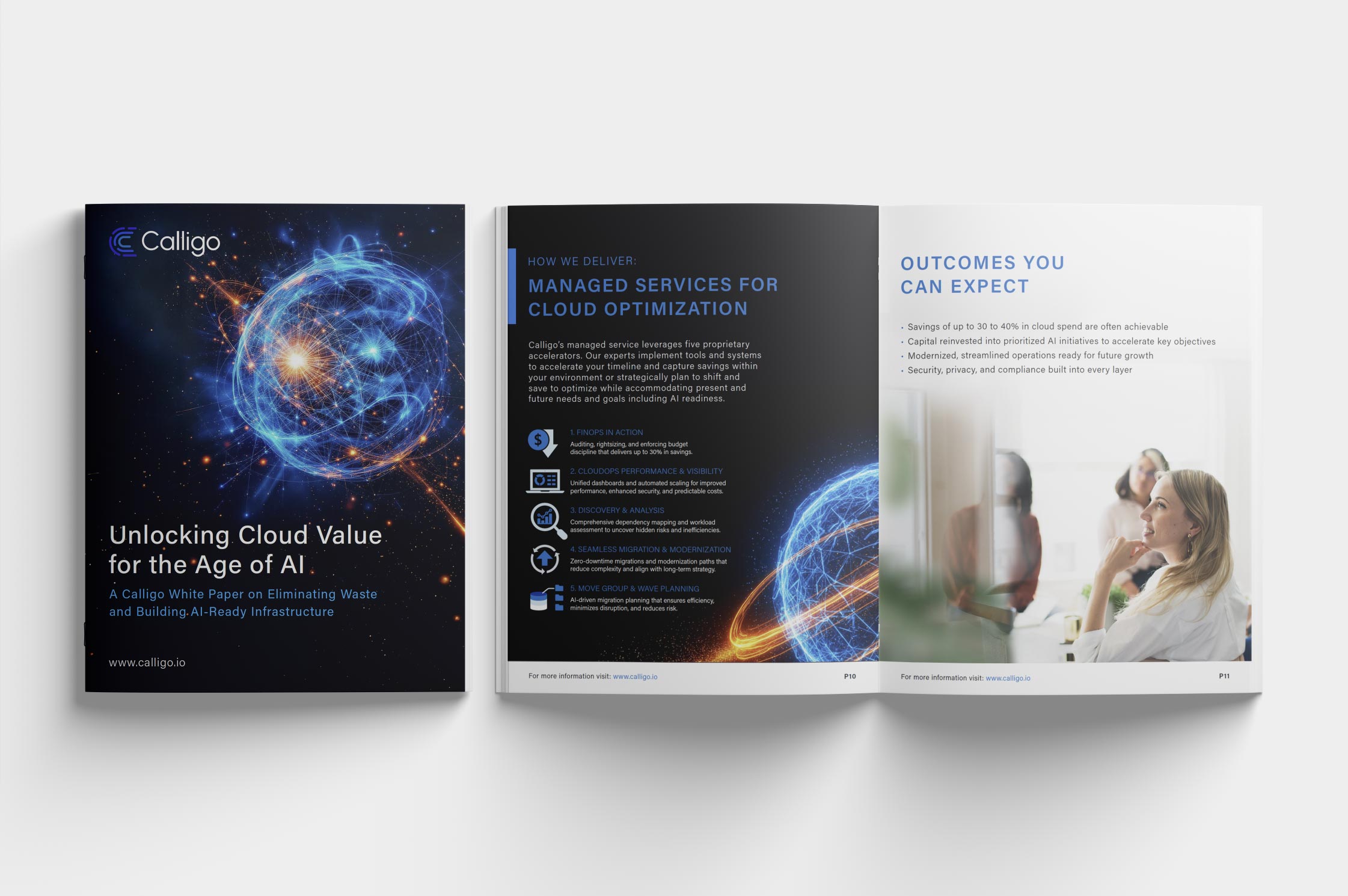 White paper design for Calligo titled “Unlocking Cloud Value for the Age of AI”, created by a UK graphic design and brand studio specialising in business and technology content.
