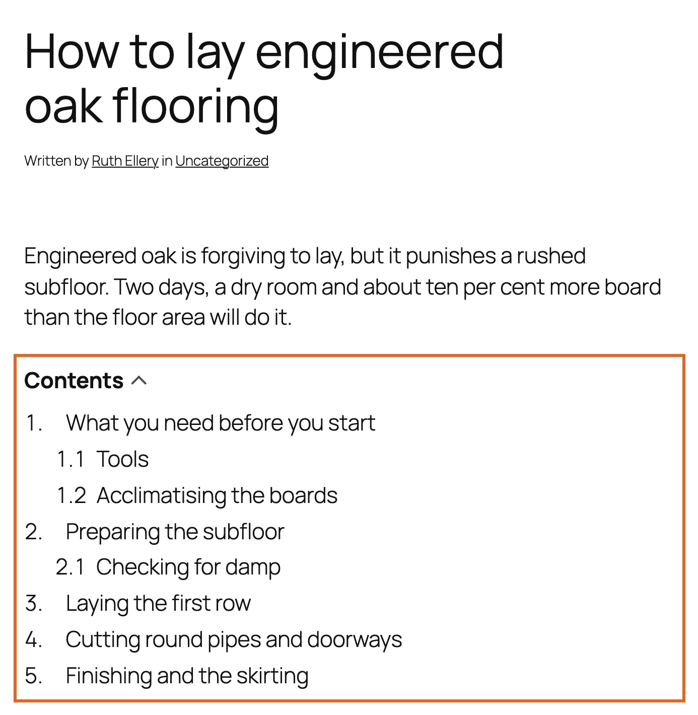 A post with the contents list above the first heading