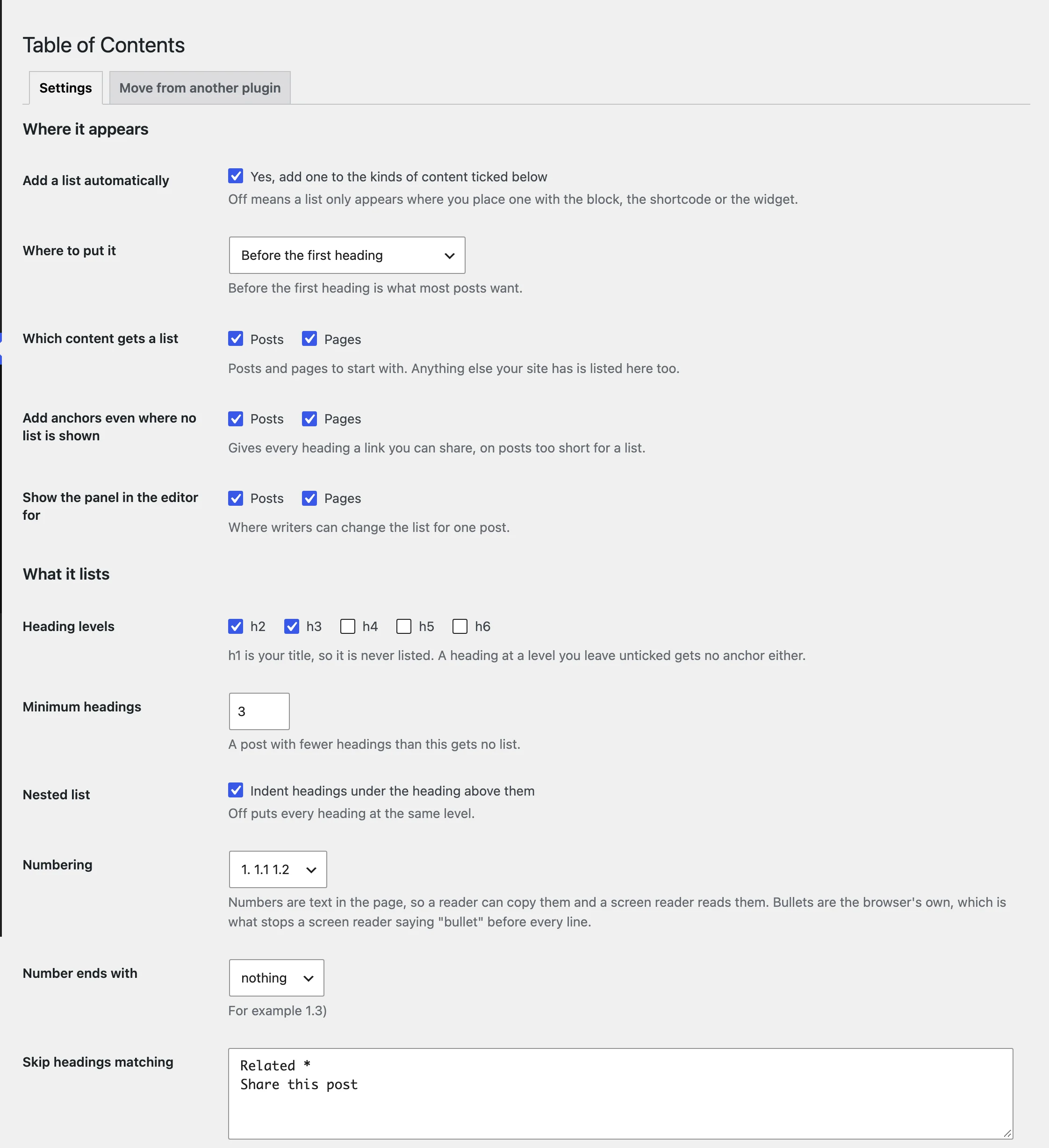 Settings, Table of Contents: one page, with a line of plain English under every field