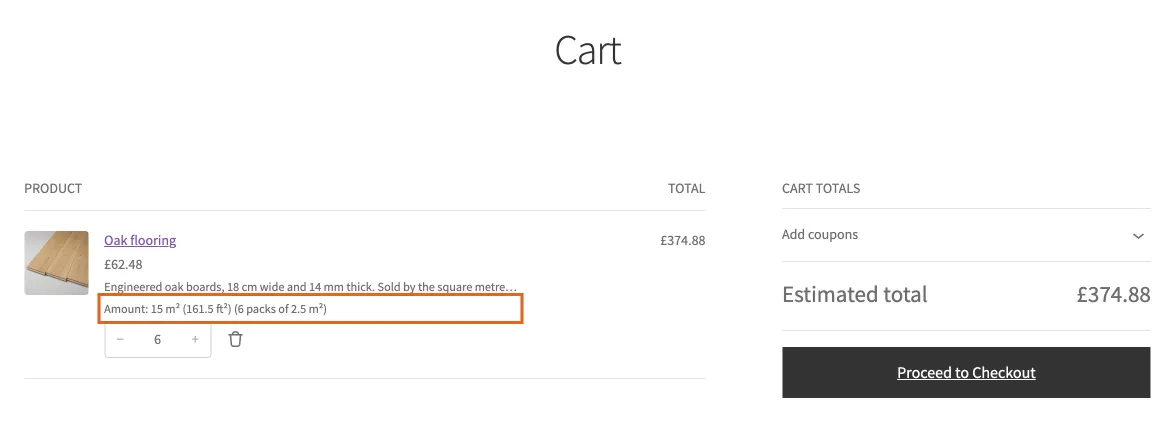 The basket, with the amount under the product name
