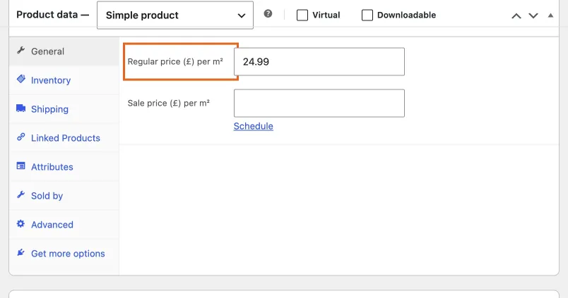 The General tab, where the price label now reads Regular price per m²
