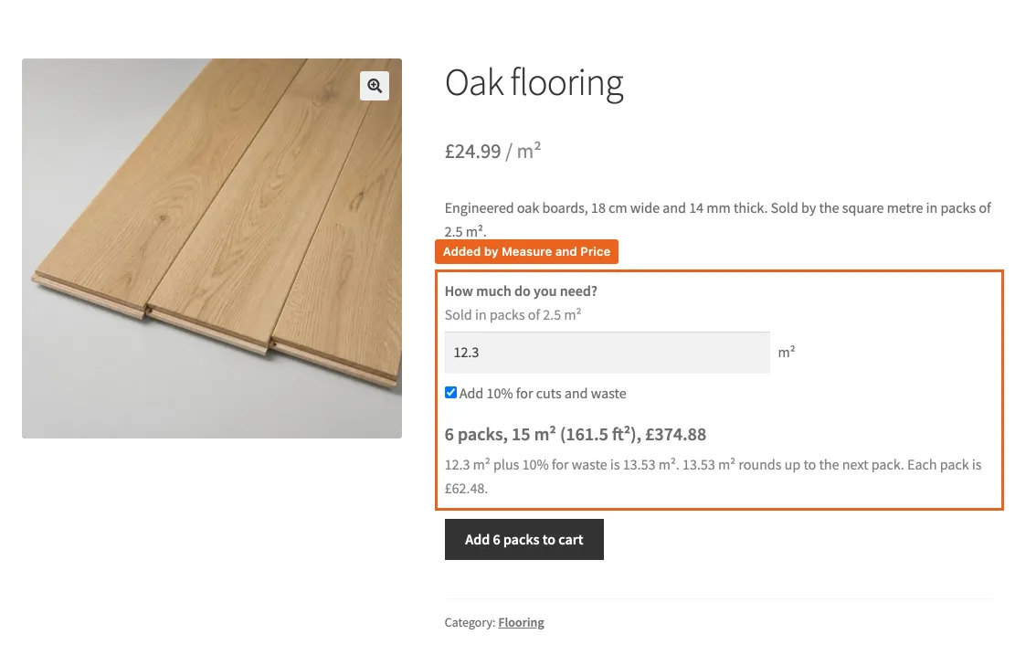 A WooCommerce product page with the Measure and Price amount field and summary