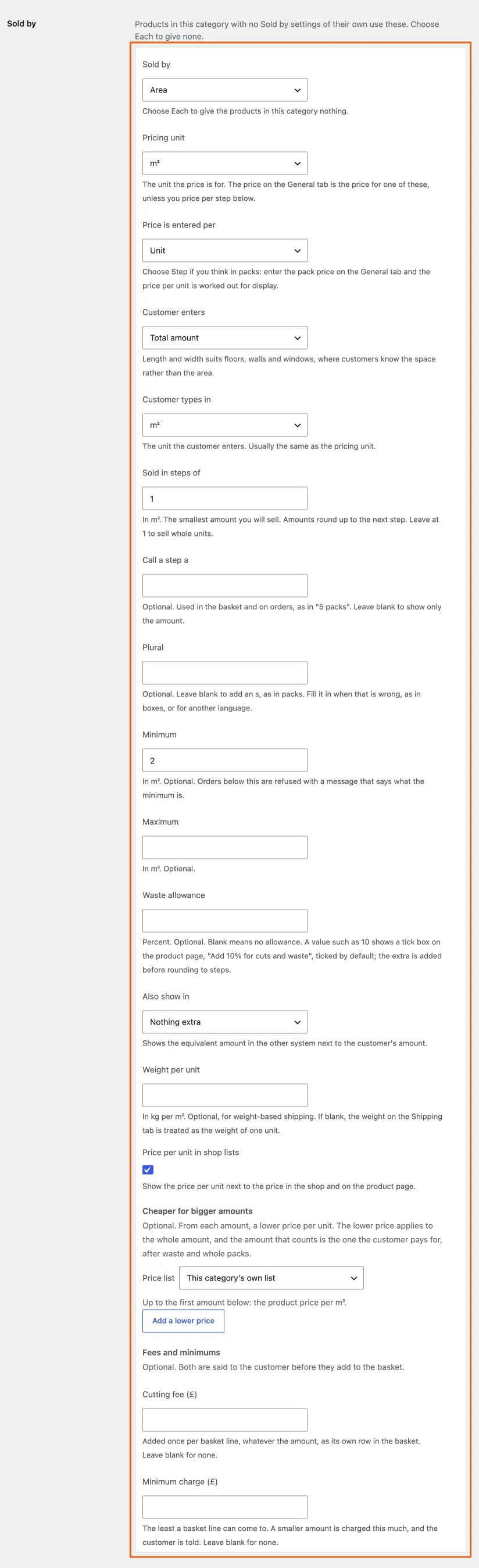 A category carries the same fields as the product tab