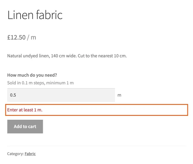 The message a customer sees below the minimum