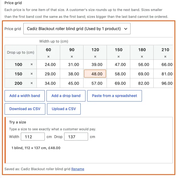 The price grid on the Sold by tab, with Try a size