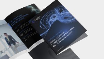 Corporate brochure design for Calligo showing software licence compliance content, designed by a Sutton Coldfield brand design studio with clear layout and structured information.