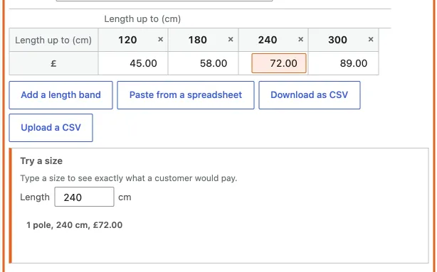 A one-size grid is a single row of prices