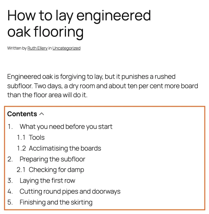 A post with the contents list above the first heading, outlined in orange