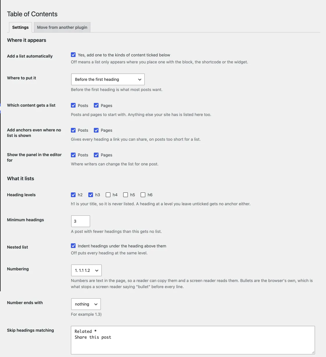 The settings page: Where it appears, then What it lists, each field with a line of explanation under it