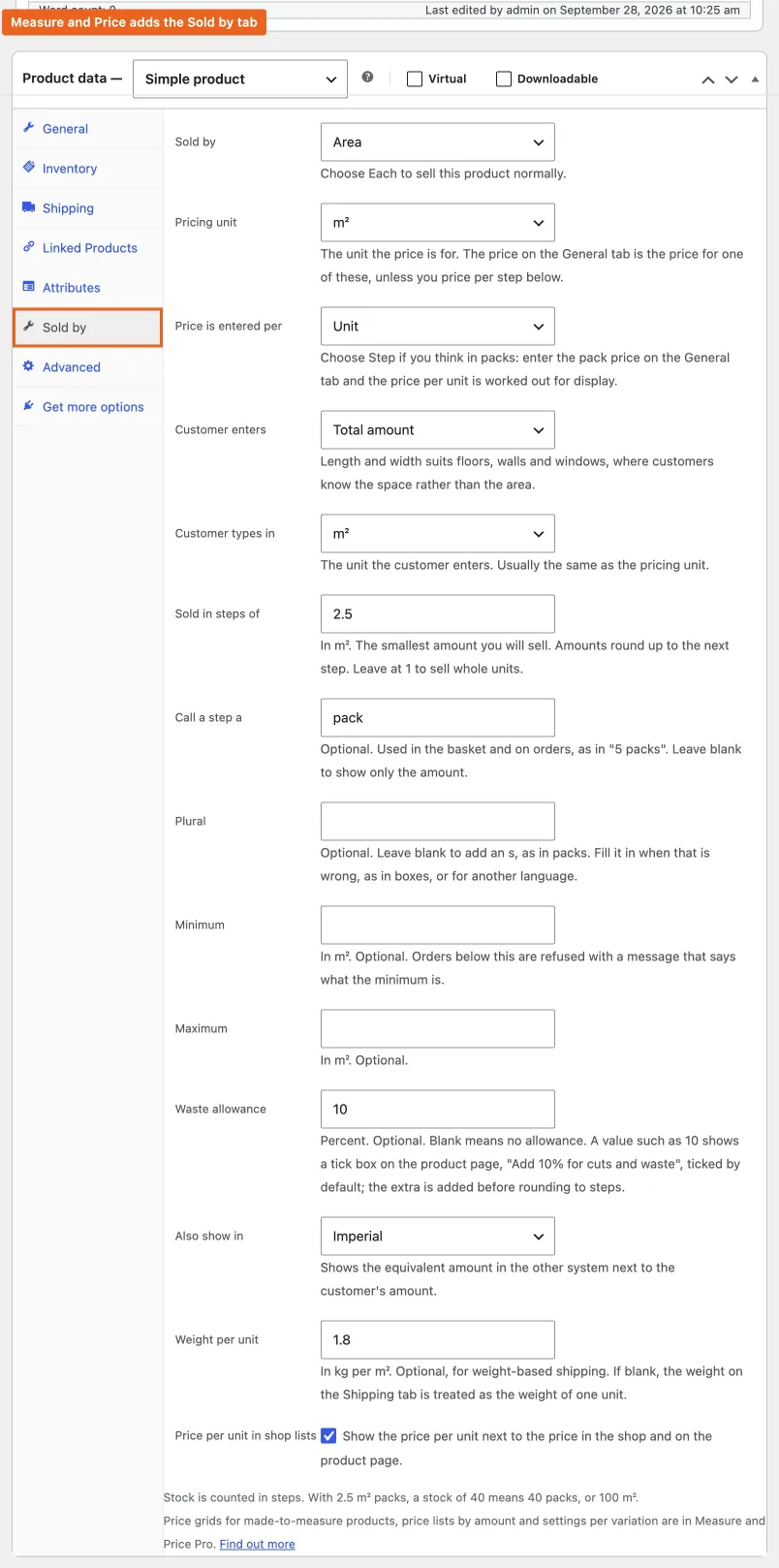 The Product data box, with the new Sold by tab outlined
