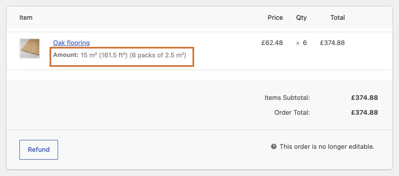 The order in WooCommerce, with the amount recorded on the line