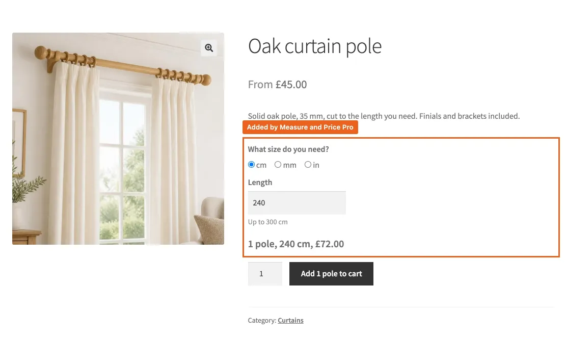 One size: a pole cut to length, one field, one limit, and the price as they type