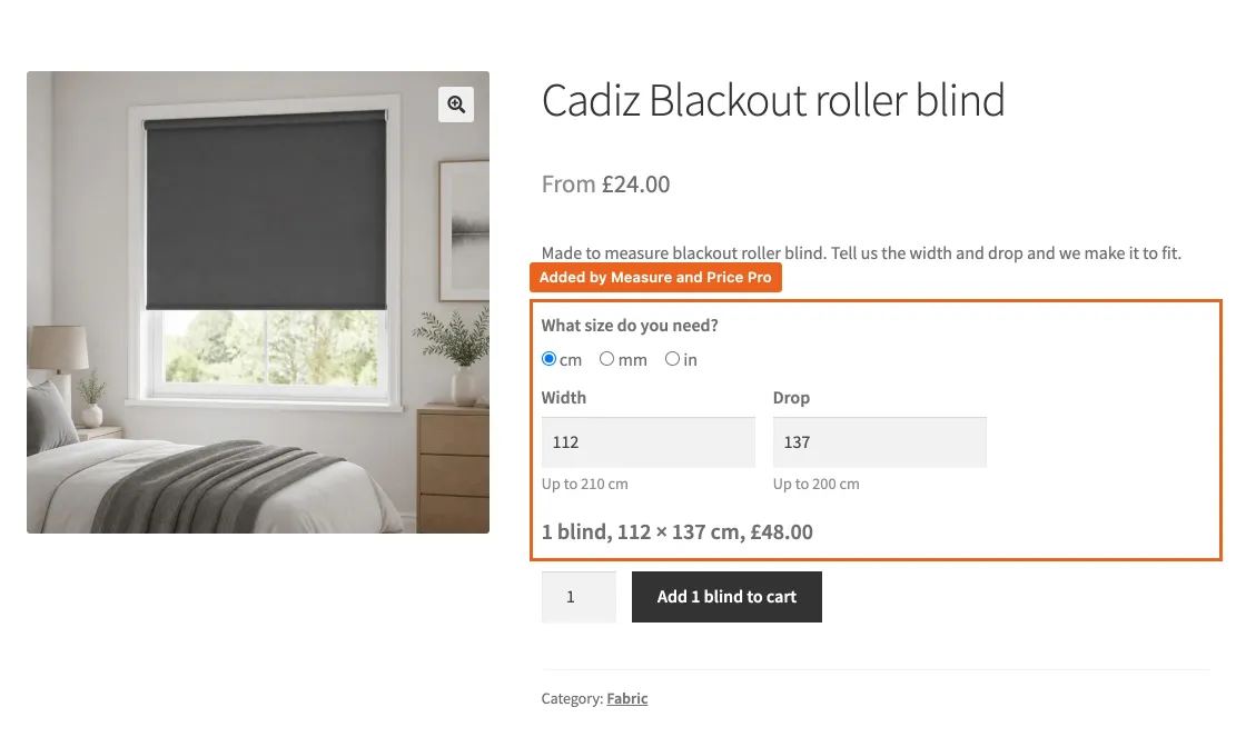 A made-to-measure product page: two sizes, the limits under them, and the price as they type