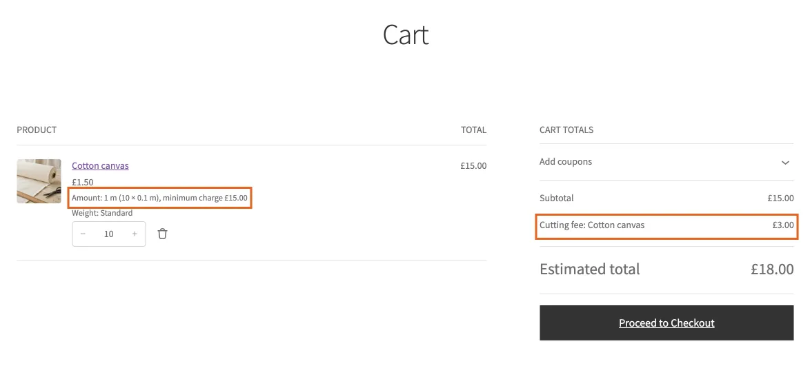 In the basket: the line says minimum charge, and the cutting fee is its own row