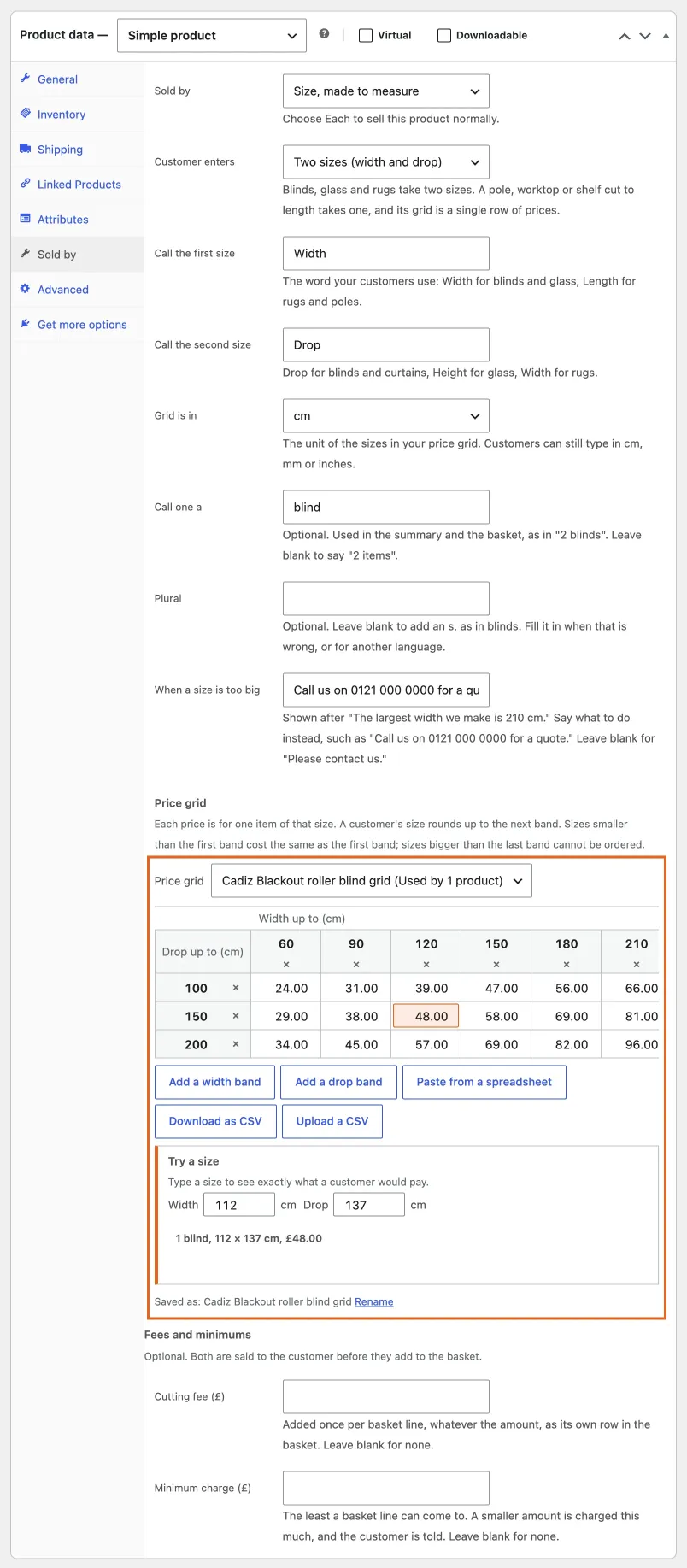 The price grid on the Sold by tab, with Try a size
