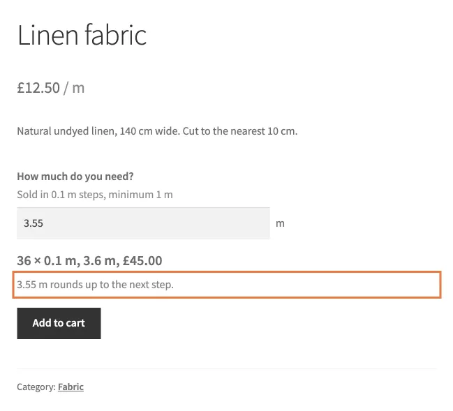 The product page for the fabric, with the rounding note outlined
