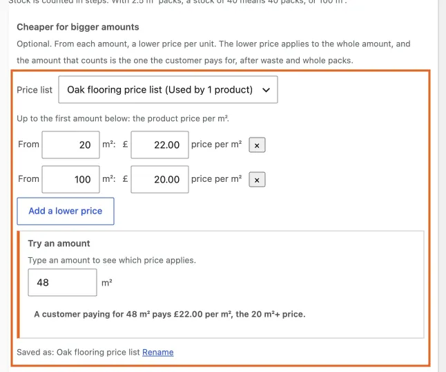 A price list on the Sold by tab: from each amount, a lower price per unit