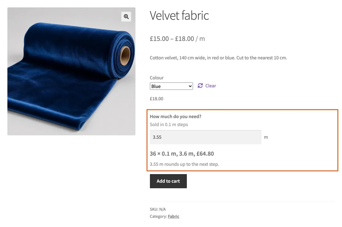 A variable product: the chosen variation sets the price per metre